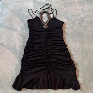 Vintage Nicole Miller Black Ruched Jeweled Embellished Cocktail Dress